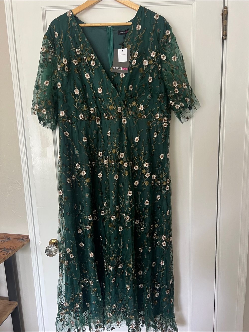 NWT - V-Neck Ruffle Sleeve Embroidered Maxi Dress